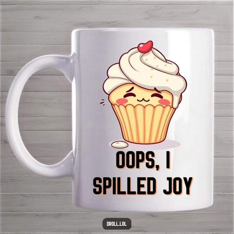 Funny embarrassed cupcake character blushing with frosting dripping down its side on a coffee mug.