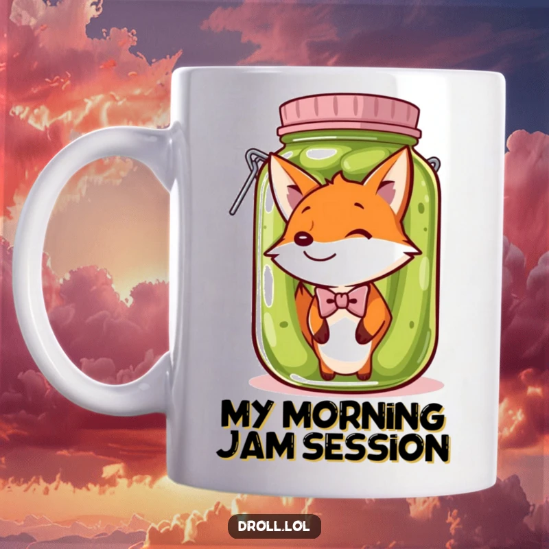 Funny Mug: A fox in a bow tie is stuck in a giant pickle jar, creating a hilarious and absurd scene for unique drinkware.