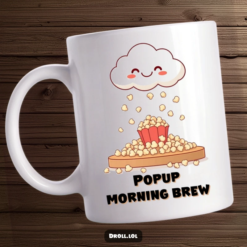 Funny mug depicting a joyful cloud raining delicious popcorn onto a table, creating a whimsical and delightful scene.
