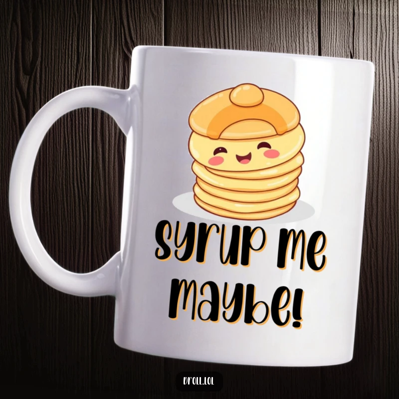Funny Happy Pancake Mug: A cheerful pancake character comically tumbling off a breakfast stack, bringing morning smiles.