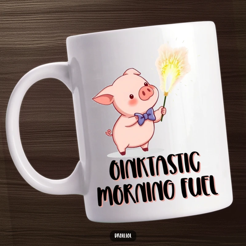 Funny mug depicting a distinguished piglet in a bow tie accidentally igniting a massive, bright sparkler, creating a humorous celebratory explosion.