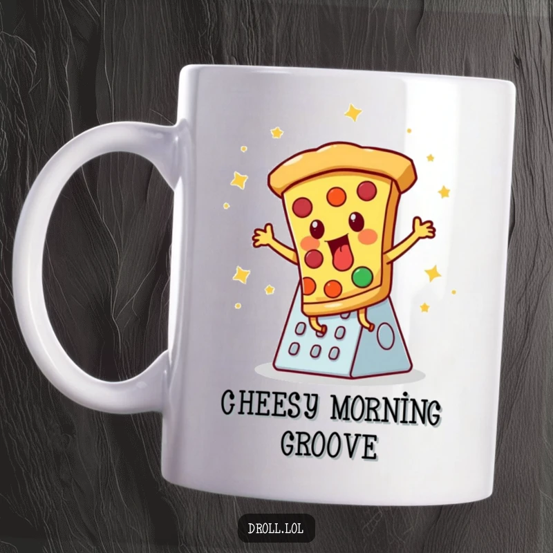 Funny mug: A pizza slice energetically disco dancing on a cheese grater, celebrating food and fun.