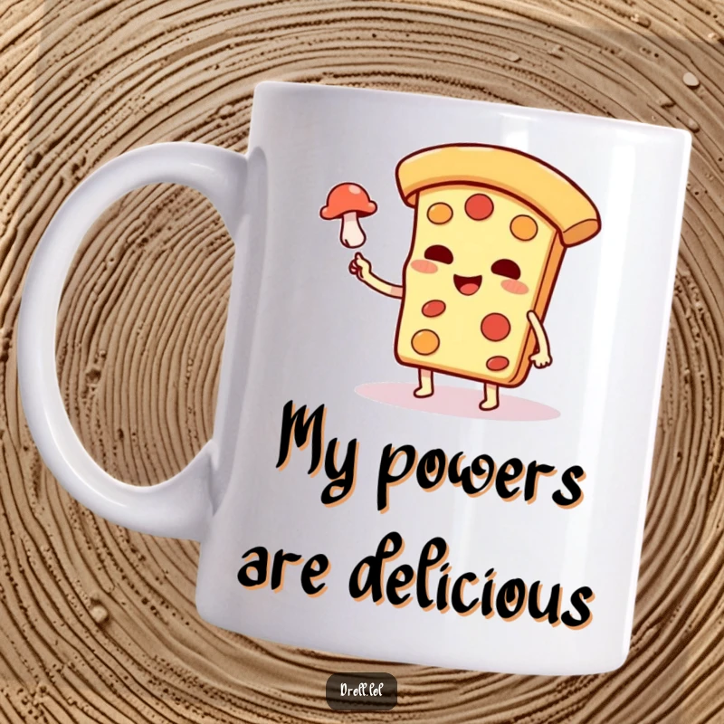 Funny pizza slice mug with a smug expression levitating a small mushroom, showcasing magical food humor.