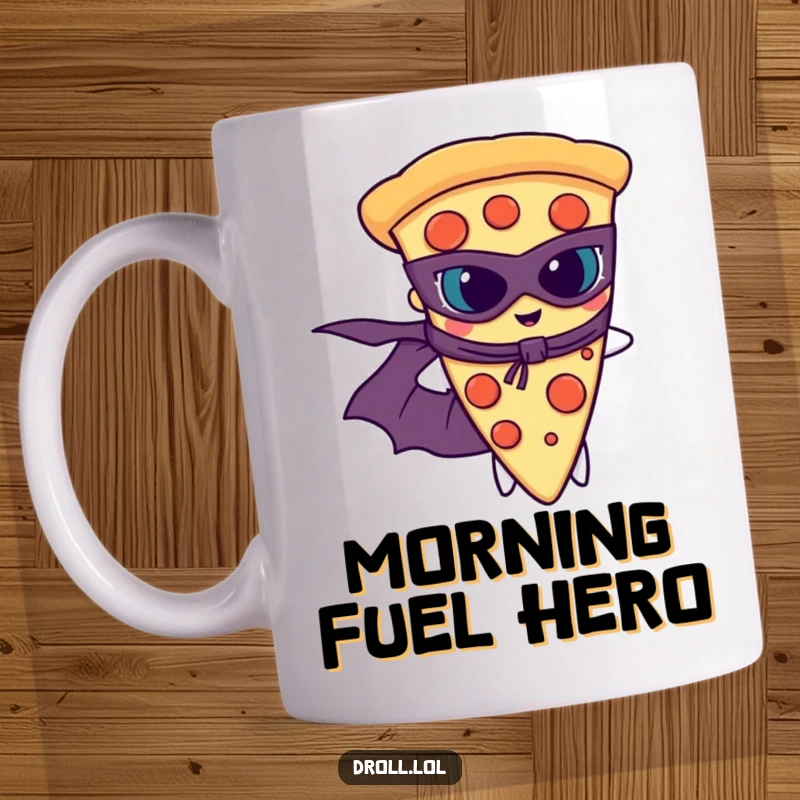 Funny slice of pizza wearing a superhero cape and mask, ready for action on a mug.