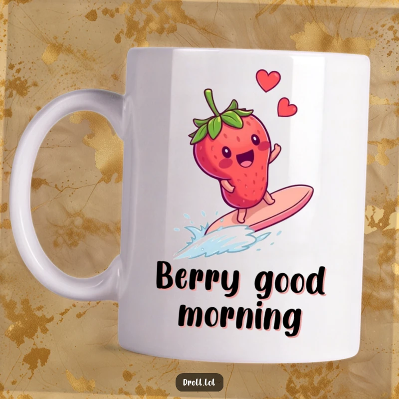 Funny mug showing a delighted strawberry skillfully surfing atop a fast-moving, runaway blueberry, capturing a moment of fruity chaos.