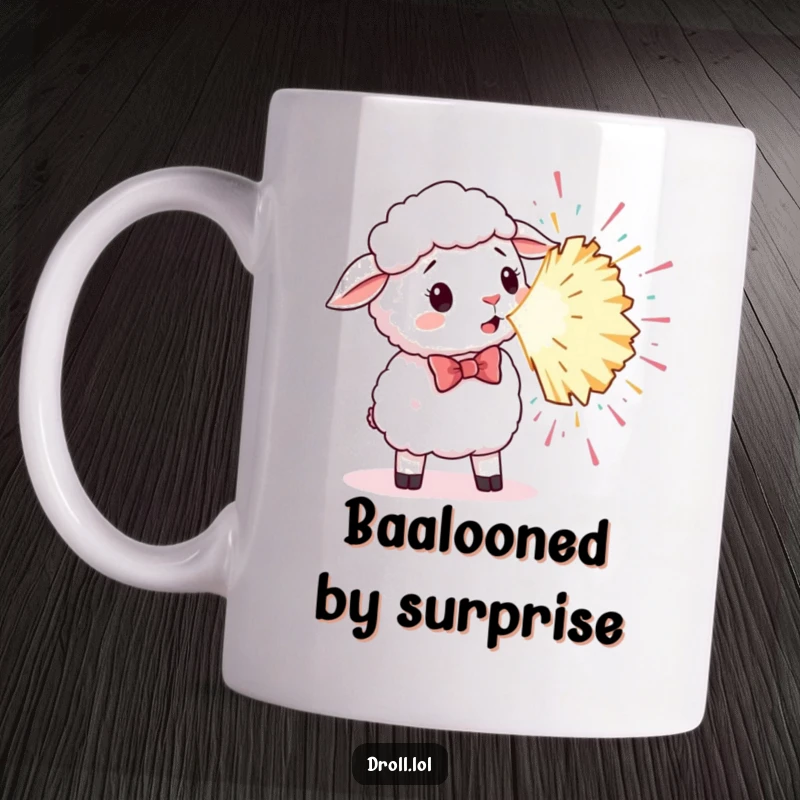 Funny mug showing a sheep in a bowtie looking shocked as a giant party popper explodes confetti.