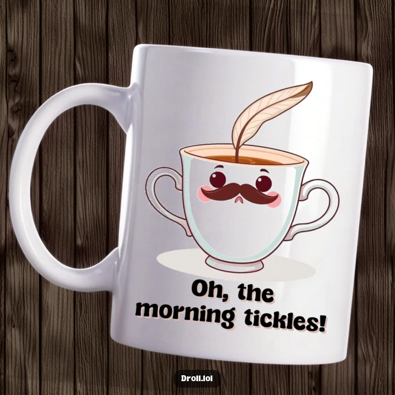 Funny surprised teacup with a mustache, reacting to being tickled by a feather. Whimsical and amusing.