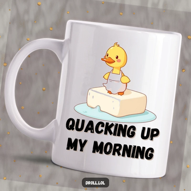 Funny mug depicting a duck in an apron comically tripping over a very large, slippery bar of soap.