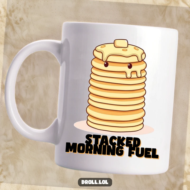 Funny wobbly pancake tower mug, hilariously attempting a balancing act, showcasing breakfast absurdity.