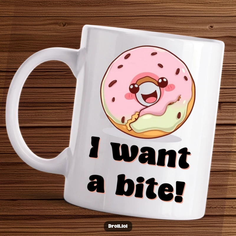 Funny donut mug, happily attempting to eat a cookie, bringing joy and humor to your coffee break.
