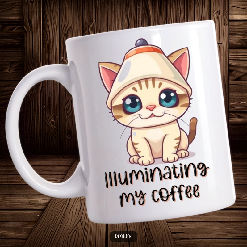 Funny Mug featuring a mischievous cat comically wearing a lampshade as a hat, looking surprised with wide eyes.