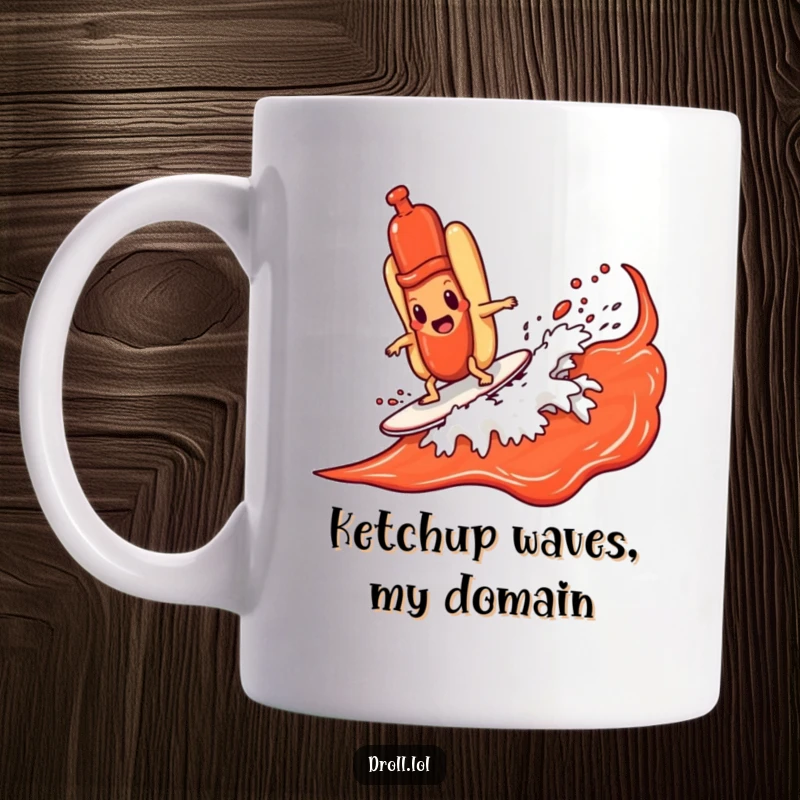 Funny hot dog character determinedly surfing a massive ketchup wave, showcasing a daring and humorous adventure on a mug.