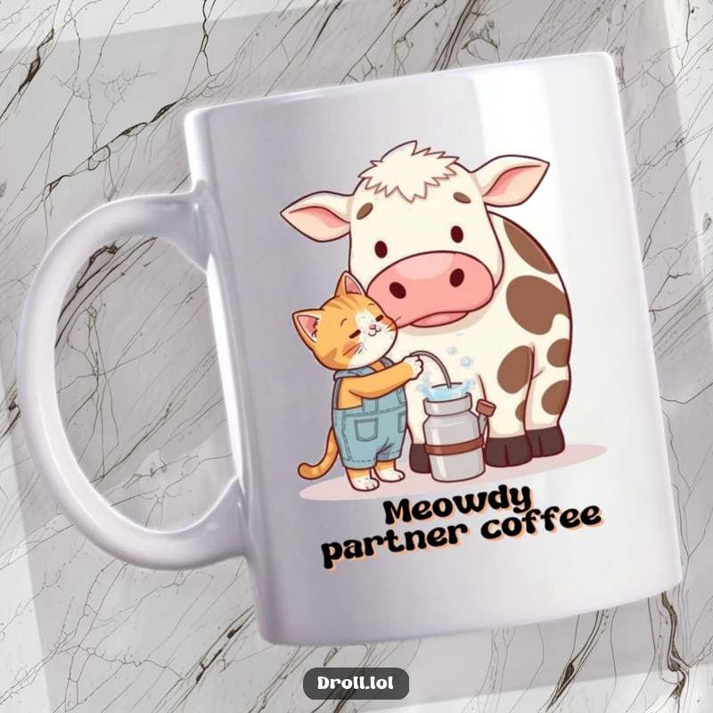 Funny mug showing a small cat in overalls trying to milk a giant, confused cow, creating a humorous farmyard scene.