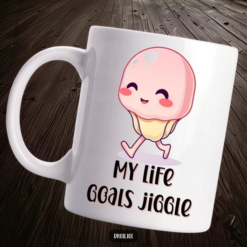 Funny mug with a cute, wobbly jelly character struggling to walk with a comical, unstable gait, bringing laughter.