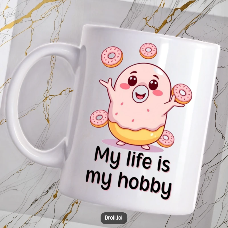 Funny donut mug featuring a smiling donut expertly juggling three tiny donuts, a symbol of joyful chaos and delicious fun.