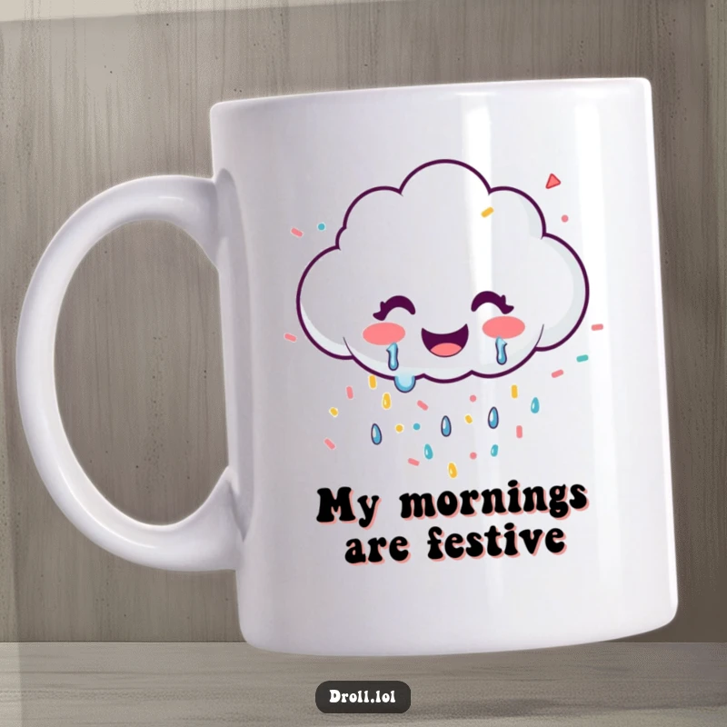 Funny mug showing a smiling cloud joyfully crying colorful confetti, spreading happiness.