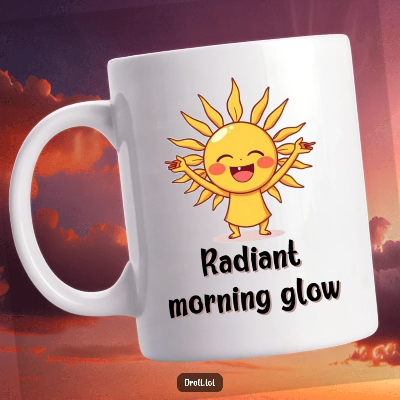 Funny laughing sun mug, stretching its rays like yoga poses, radiating pure joy and warmth.