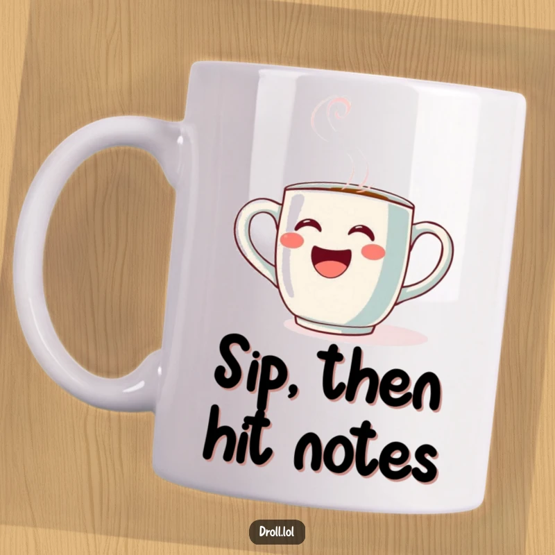 Funny Opera Mug: A joyful coffee mug passionately sings opera with streams of steam forming a dramatic flair.