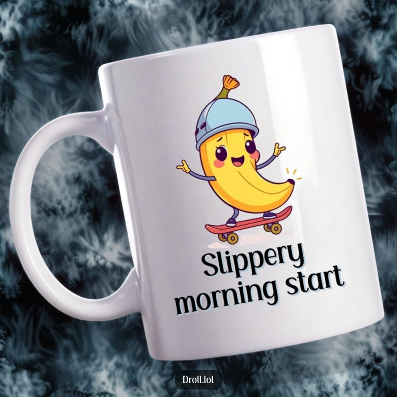 Funny Mug: A cheerful banana peel wearing a small helmet, joyfully riding a skateboard. Humorous and adventurous design.