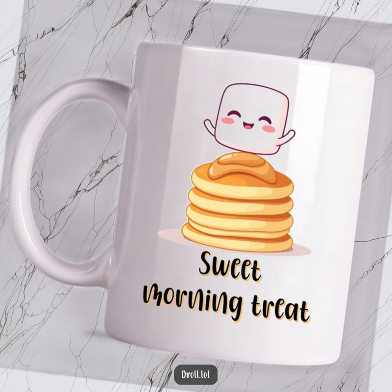 Funny mug with a giggling marshmallow character trying to balance on pancakes, perfect for breakfast and dessert lovers.