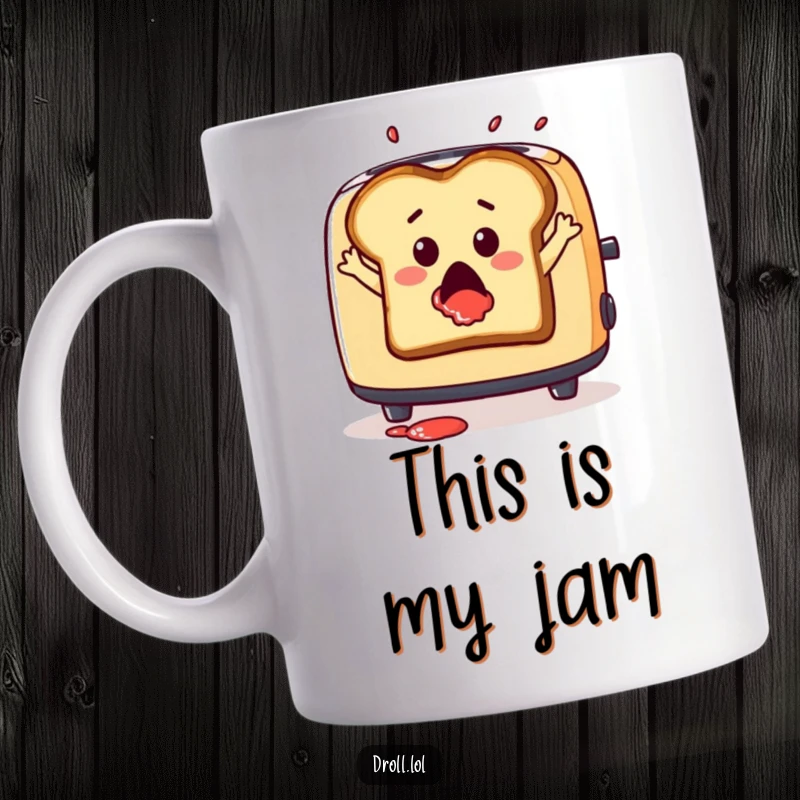 Funny mug featuring a surprised slice of toast dramatically leaping from a toaster with jam splatter, a breakfast comedy.