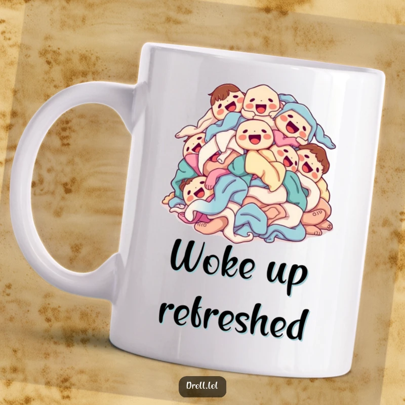 Funny laundry pile mug showcasing a cheerful heap of clean clothes tumbling happily, with smiling faces on socks and shirts.