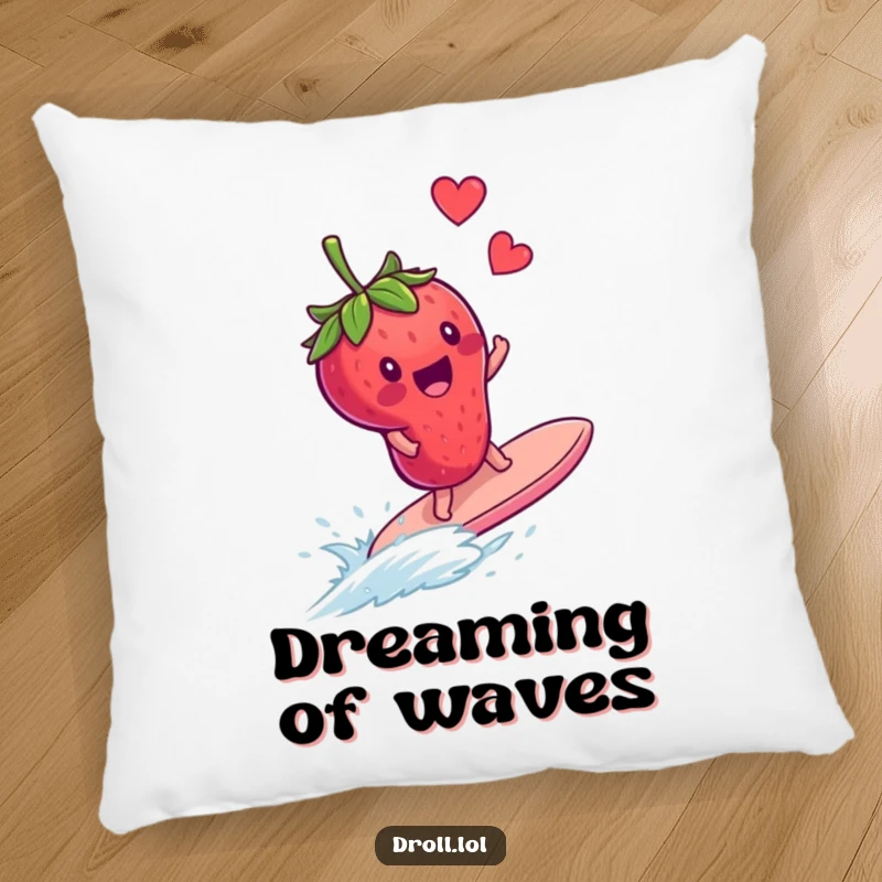 Funny pillow design: a happy strawberry riding a runaway blueberry, creating a comical and endearing scene for your sofa.