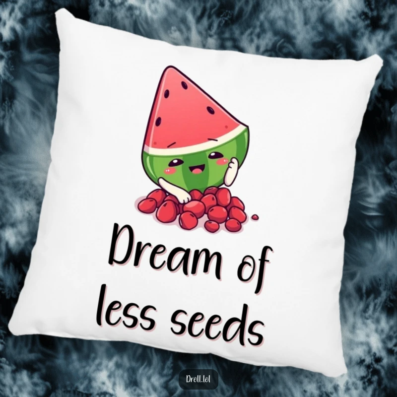 Funny watermelon slice character slipping on its seeds, featured on a soft pillow for humorous and cozy summer decor.