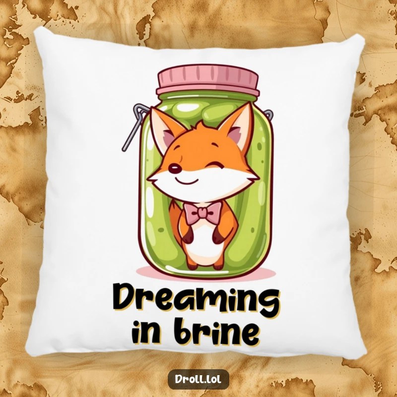 Funny Pillow: A fox in a bow tie stuck in a pickle jar offers cozy comfort and hilarious decoration, embodying quirky charm.