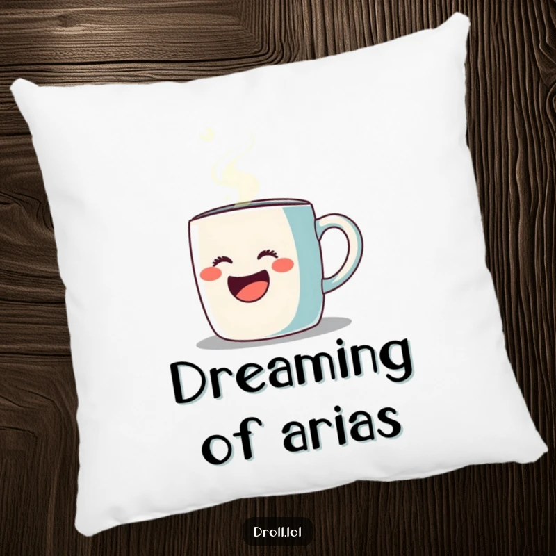 Funny pillow with a coffee mug singing opera with steam, soft and comfortable home decor, humorous design.
