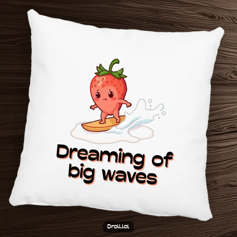 Funny strawberry pillow showing a small strawberry surfing a milk wave, offering comfort and a whimsical, adventurous touch to decor.