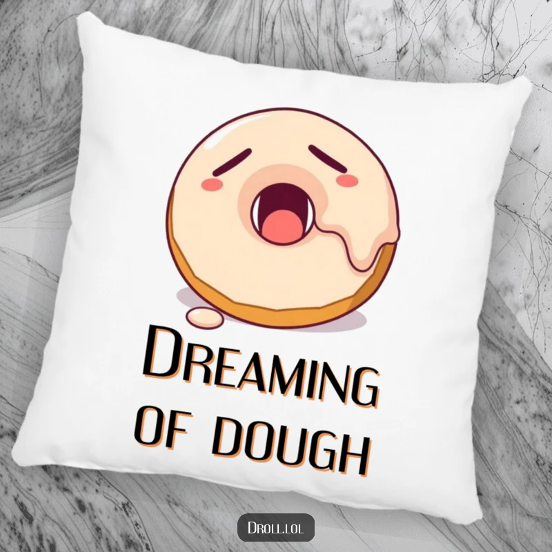 Funny sleepy donut with melting frosting yawning, designed for a soft and humorous decorative pillow.