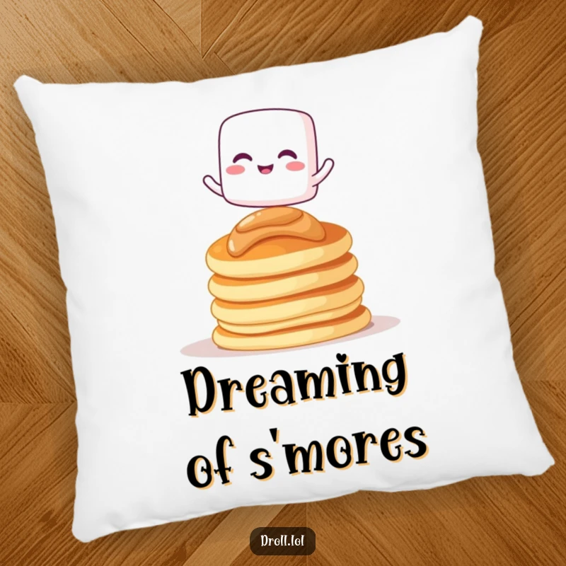 Funny pillow featuring a giggling marshmallow character balancing on pancakes, offering comfort and sweet humor.