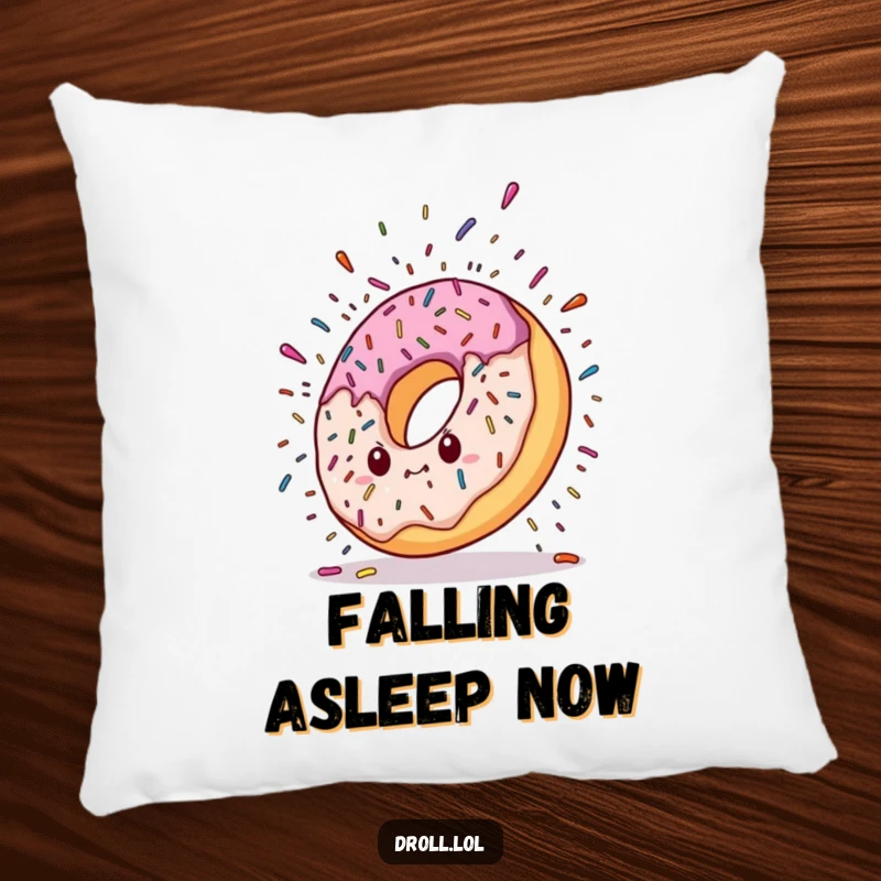 Funny pillow showcasing a donut character dramatically falling, with a vibrant explosion of colorful sprinkles, adding a sweet and humorous touch to any room.