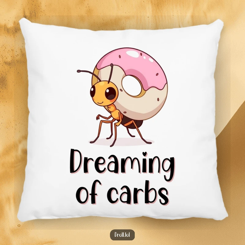 Funny pillow featuring a tiny ant with great determination carrying a huge donut, a charming and inspiring image of effort.