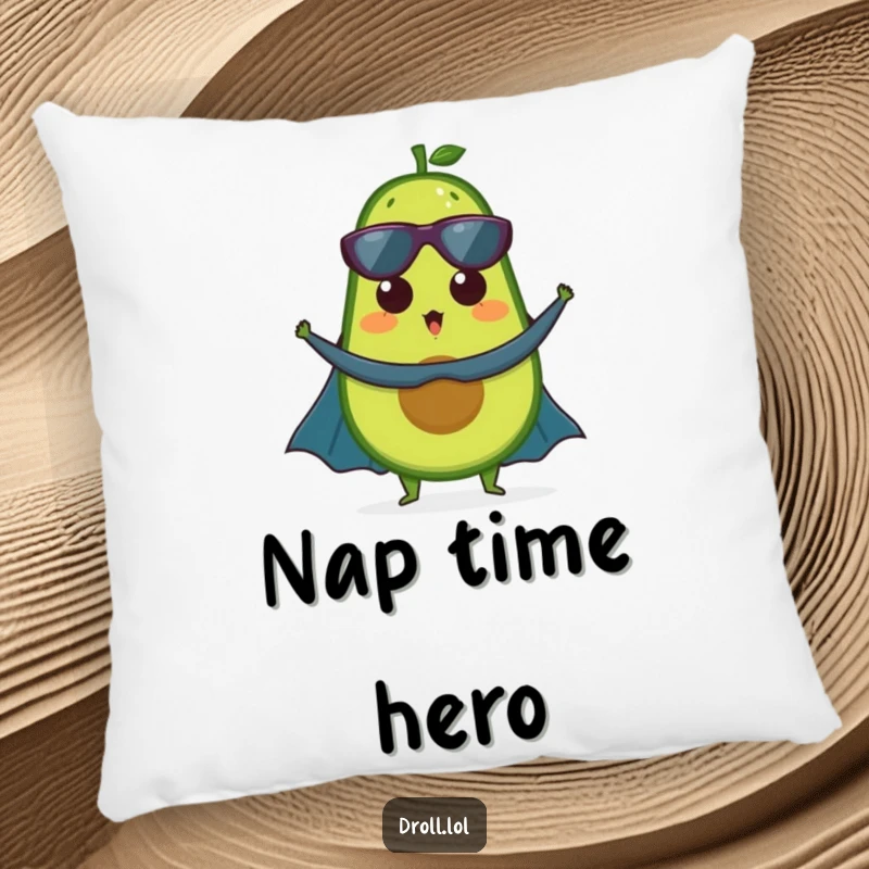 Funny pillow: A surprised avocado wearing a superhero cape, ready for comfort and heroic lounging, bringing smiles.