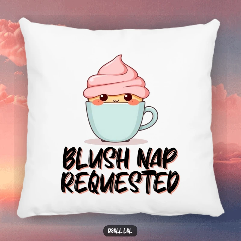 Funny blushing cupcake hiding behind a tiny coffee cup, designed for a soft and humorous throw pillow.