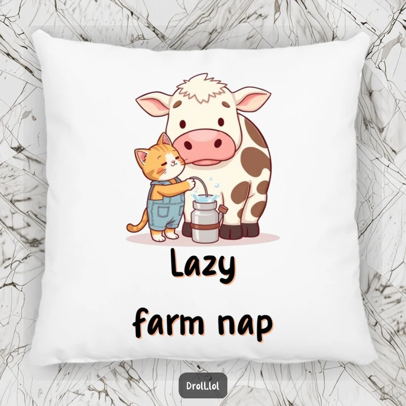 Funny throw pillow showing a small cat in overalls focused on milking a giant, confused cow, adding farm-themed humor.