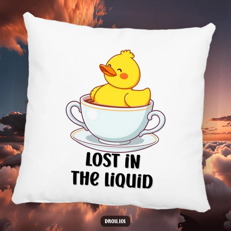 Funny rubber duck looking lost in a giant teacup, a soft and humorous decorative pillow.