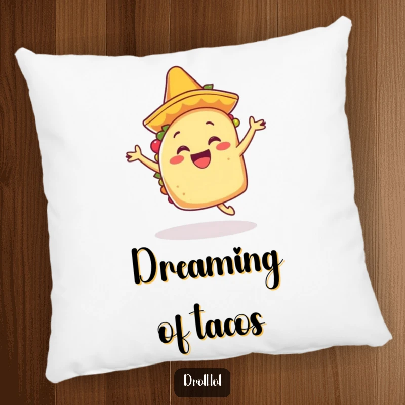 Funny happy taco in a tiny mariachi hat, dancing with excitement, depicted on a soft and humorous pillow.