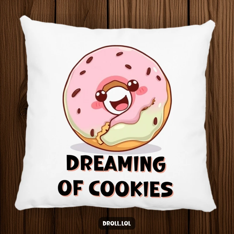 Funny throw pillow with a happy donut trying to eat a cookie, adding humorous comfort to any seating area.