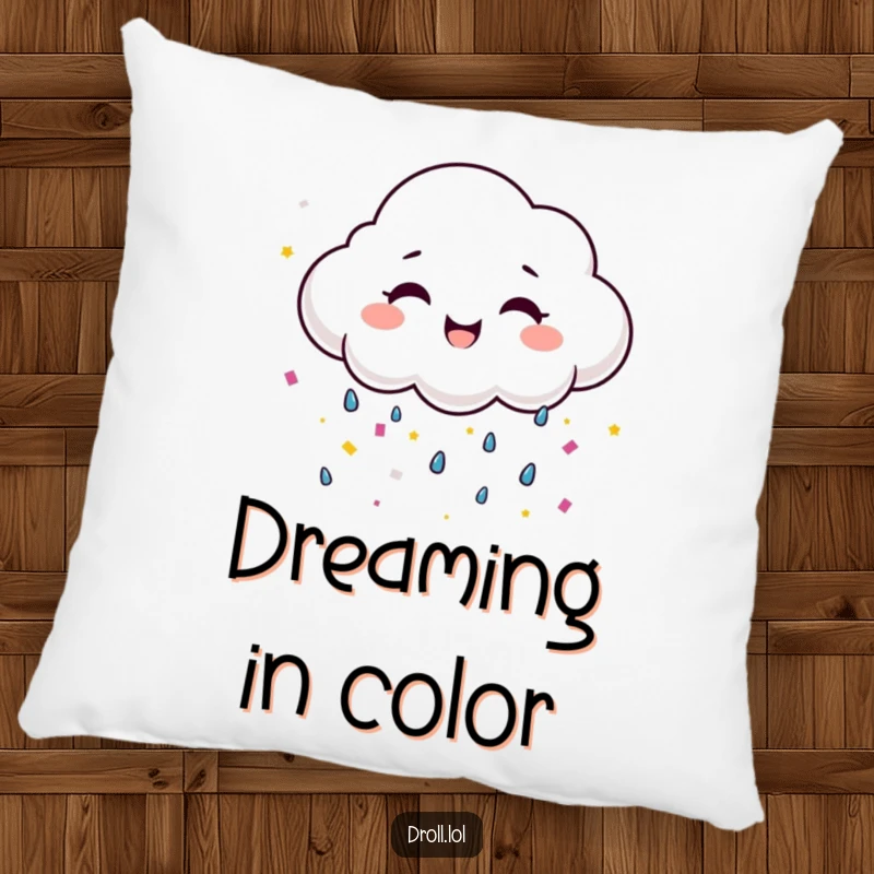 Funny smiling cloud raining confetti, a soft and humorous decorative pillow for cheerful rooms.