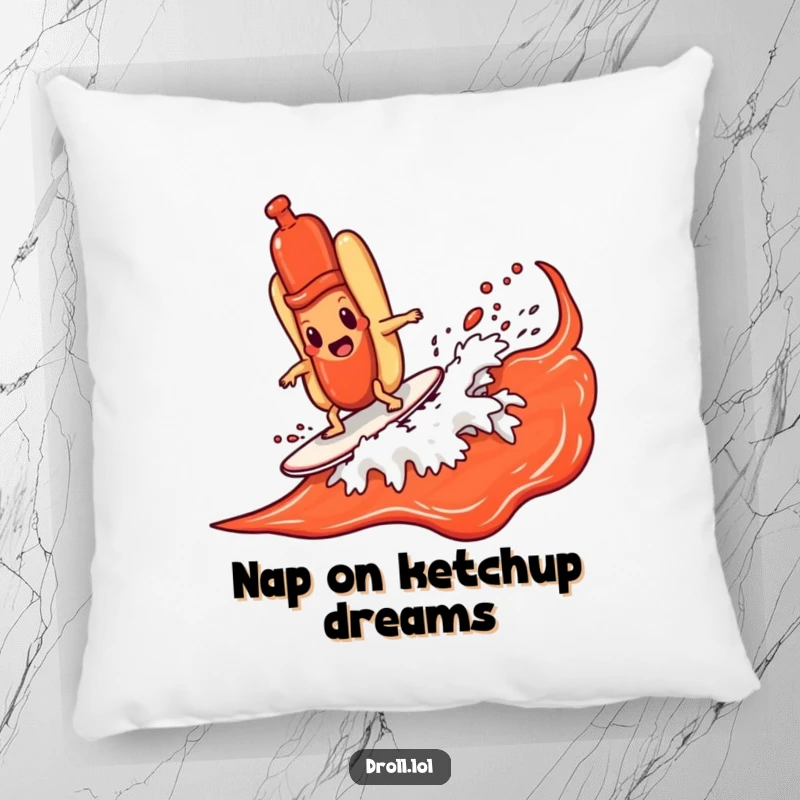 Funny hot dog character riding a ketchup wave, featured on a soft pillow for a humorous and comfortable decorative touch.