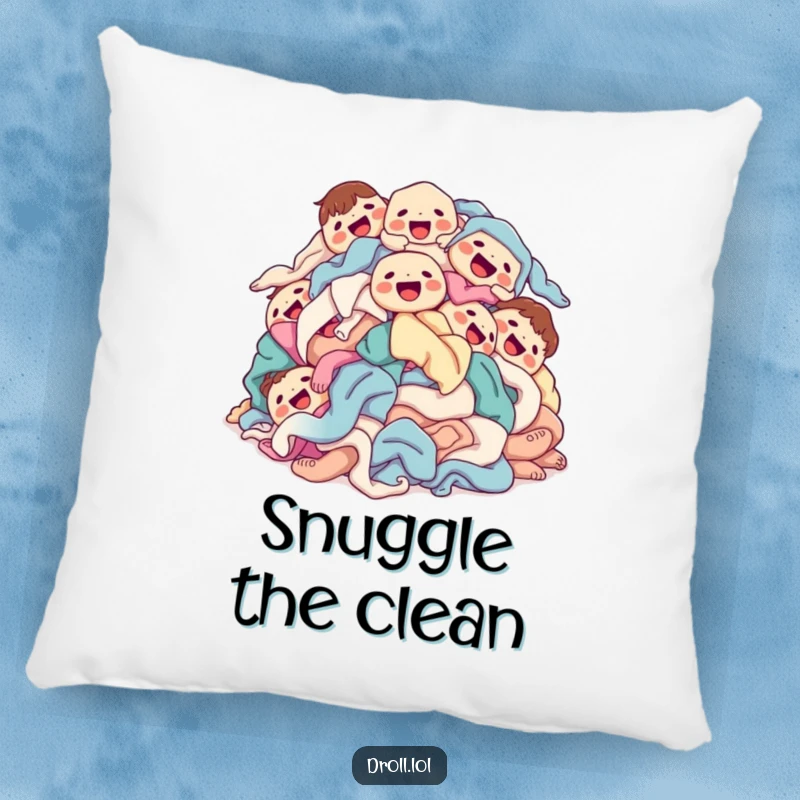Funny laundry pile pillow featuring a pile of clean clothes with happy faces, tumbling joyfully, providing soft comfort.