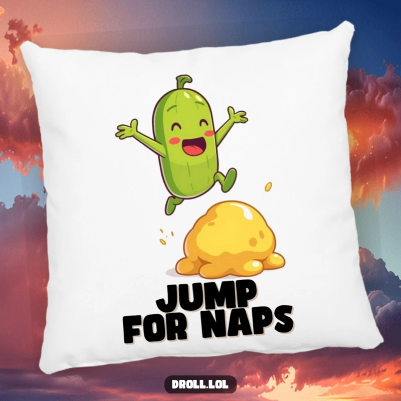 Funny energetic pickle character heroically jumping over a mustard blob on a plush, humorous pillow.
