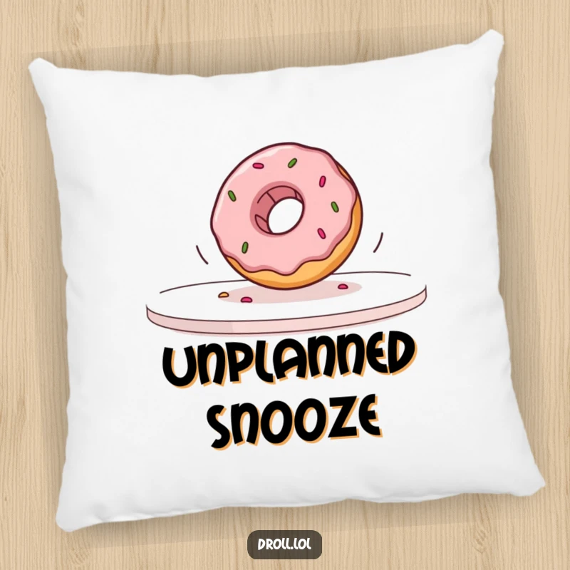 Funny donut in slow motion falling off a table, a plush and decorative pillow that adds humor to any cozy space.
