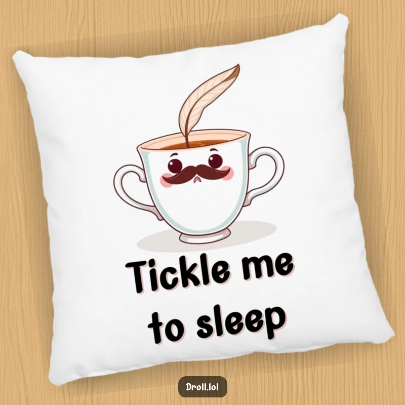 Funny surprised teacup with a mustache being tickled by a feather on a soft pillow. Whimsical and cozy.