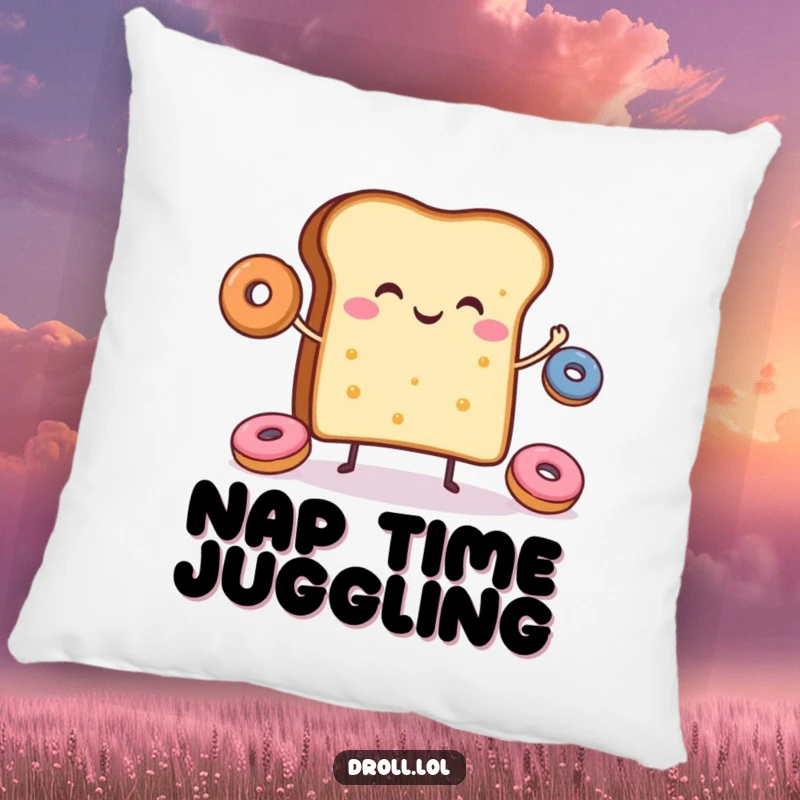 Funny pillow featuring a cheerful slice of toast juggling tiny donuts, perfect for adding comfort and fun.