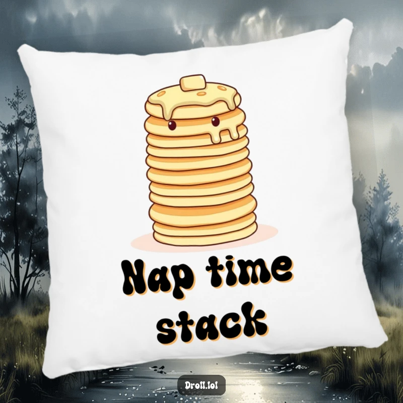Funny wobbly pancake pillow, soft and decorative, featuring pancakes in a precarious balancing act.