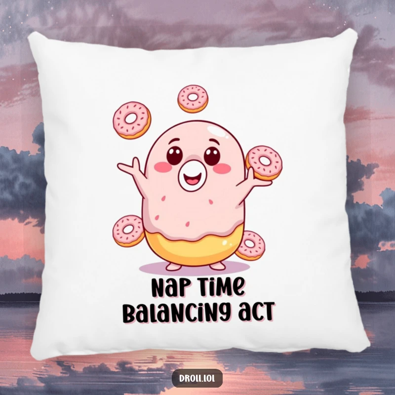 Funny donut pillow featuring a happy donut juggling small donuts, offering comfort and a cheerful, playful vibe to any living space.